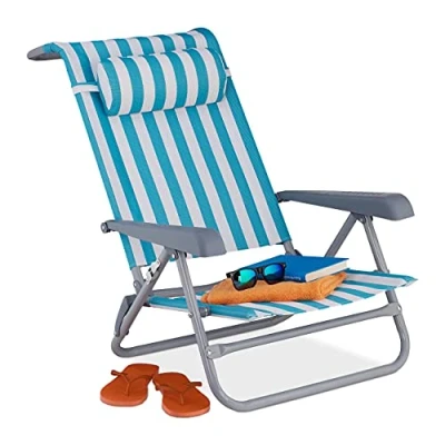 Immagine di Relaxdays Strandstuhl Sedia Sdraio Pieghevole, Regolabile su 8 Livelli, Poggia Testa Braccioli e Apribottiglie Laterale, Blu Bianco, Poliestere, 1 pz