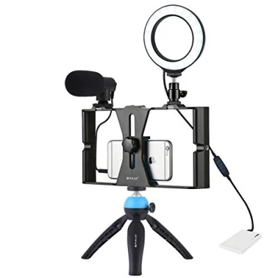 Immagine di PULUZ 4 in 1 Vlogging Live Broadcast Smartphone Video Rig + 4.7 &quot;Anello LED Selfie Kit con Microfono Treppiede Freddo Shoe Testa per Smart Phone (blu)