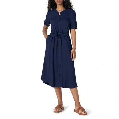 Immagine di Amazon Essentials Abito Midi a Trapezio con Maniche Tre Quarti e vestibilità Comoda Donna, Blu Marino, L