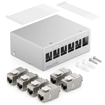 Immagine di deleyCON Patch Panel 6 Porte Set Sezionatore 1RU + Moduli Keystone Jack RJ45 STP CAT6a Compatibile con Cavo di Installazione CAT5 CAT6 CAT7 Rete Ethernet LAN DSL Grigio