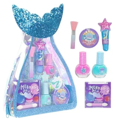 Immagine di Townley Girl Mermaid Vibes set per il trucco con 8 pezzi, inclusi lucidalabbra, smalto unghie, luccichio corpo e altro sacchetto a sirena, dai 3 anni in su