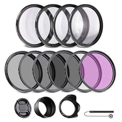 Immagine di NEEWER 49mm Kit di Filtro ND/CPL/UV/FLD/Close Up e Accessori per Obiettivo con ND2 ND4 ND8, Filtri Close (+1/+2/+4/+10), Paraluce Collapsibile in Gomma, Tappo Obiettivo, Astuccio