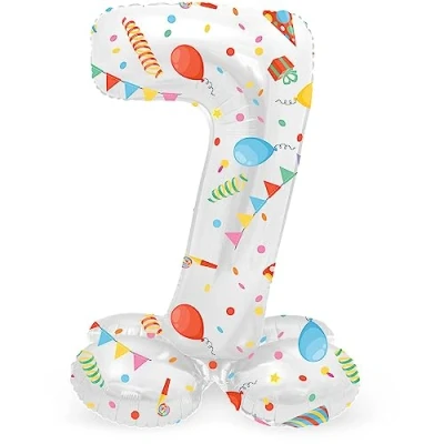 Immagine di Folat 63967 palloncino di alluminio Numero con Base Figura 7 Joyful Party Multicolore 72 cm decorazione per compleanno, anniversario, non è necessario l&#039;elio