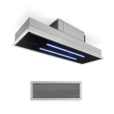 Immagine di Klarstein High Line Cappa a Isola, Aspirante, ad Incasso, 90 cm, Classe C, 410 m3/h, Ricircolo e Scarico Aria, 3 Livelli, LED, Telecomando &amp; Filtro Carboni Attivi, Acciaio inox, Nero