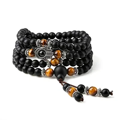 Immagine di COAI Bracciale Collana 108 Perle Mala in Onice Opaco con Inserti Occhio di Tigre Marrone e Amuleto Mano Fatima Argento Vintage