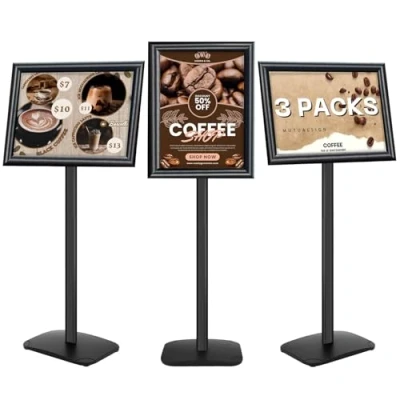 Immagine di Mutualsign Confezione da 3 espositori A3 resistenti per cartelli con base stabile, supporto pavimento menu/avvisi/esposizione, porta di benvenuto all&#039;aperto, nero