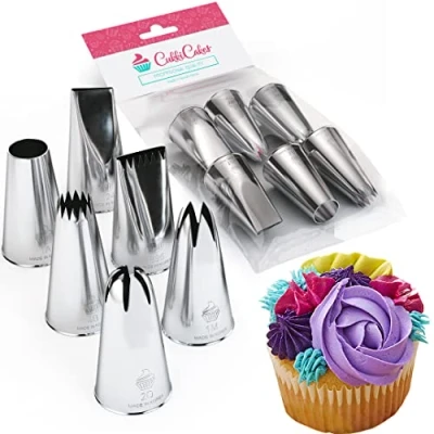 Immagine di Cukkicakes Set di 6 Beccucci per Sac a Poche Grandi Professionali (1M, 2D, 4B, 1A, 124 e 895) Decorare Cupcakes, Torte, Zeppole, Biscotti &amp; Churros Bocchette Pasticceria prodotte in Corea