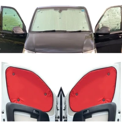 Immagine di Tendine Parasole Auto Compatibile con Renault Trafic (2000 2014)(Set Completo + Portellone Posteriore) Dorso Rosso,Reversibile e Termico