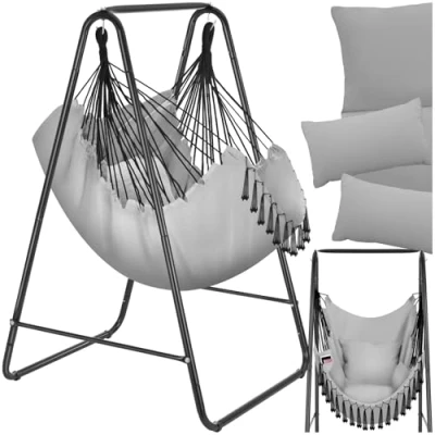 Immagine di tectake® Poltrona Sospesa Boho con Cuscini, Tasca Laterale, Tessuto Misto Cotone Poliestere, Telaio in Acciaio, Capacità 160 kg, Arredamento Casa e Giardino, per Interni ed Esterni Grigio