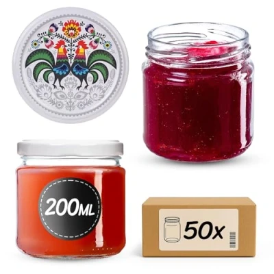Immagine di KADAX Piccoli vasetti per conserve da 200 ml, fi66 mm, mini miele e spezie, ermetici, conserve, bicchieri, bicchieri rotondi (galletti, 50 pezzi)