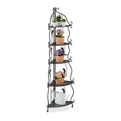 Immagine di Relaxdays Scaffale Angolare Portafiori in Acciaio, 5 Ripiani Pieghevoli, Portavasi Piante e Fiori, 136x30x30 cm, Nero