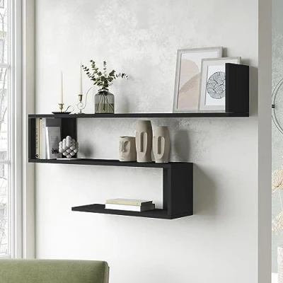 Immagine di [en.casa] Mensola da Parete a 3 Ripiani (AxLxP) 71,5 x 120 14,5 cm Scaffale Pensile Forma di S Libreria Consolle Nero
