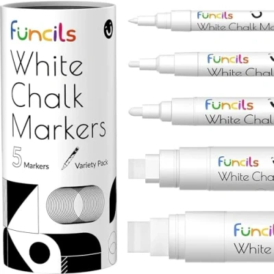 Immagine di Funcils 5 weiße Kreide Marker für Kreidetafeln, Tafeln, Autofenster, Bistro, Glas, Stück dünne, feine Spitze, große und radierbare Flüssigkreidestifte (1 mm, 3 6 10 15 mm