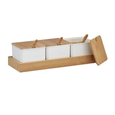 Immagine di Relaxdays Contenitori per Spezie in Set da 3, Barattoli Plastica con Coperchio, Cucchiaini e Vassoio Bambù, Bianco