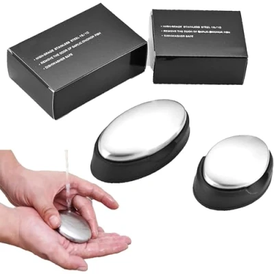 Immagine di DXIA 2Pcs Finger Fresh Saponetta in Acciaio Inox, Rimuovi Odore Inox Lucidato Opaco, da Cucina con Vassoio Base, di Rimozione per la Bar Eliminando