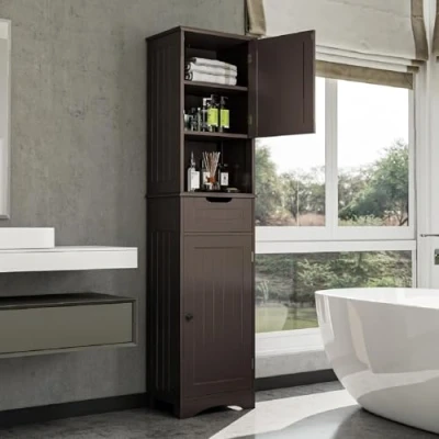 Immagine di Bealife mobiletto bagno, colonna bagno salvaspazio con 2 ante e 1 cassetto, mobile alto colonna, armadio da per soggiorno, cucina, marrone scuro