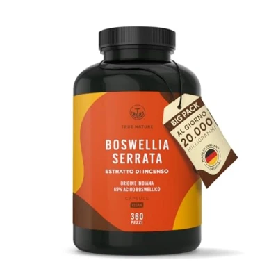 Immagine di Boswellia Serrata 360 Capsule 20.000 mg Alto dosaggio (10:1) incenso integratore Vegan, Testato in Laboratorio, Produzione Tedesca TRUE NATURE®