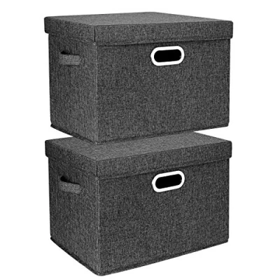 Immagine di TYEERS Grandi Scatole Portaoggetti, in Tessuto, Pieghevole, con Coperchio, 44x30x29 cm, Set di 2, Nero