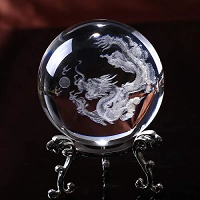 Immagine di Hdcrystalgifts, Fermacarte a forma di sfera cristallo con incisione 3D drago cinese, supporto floreale placcato in argento, 60 mm