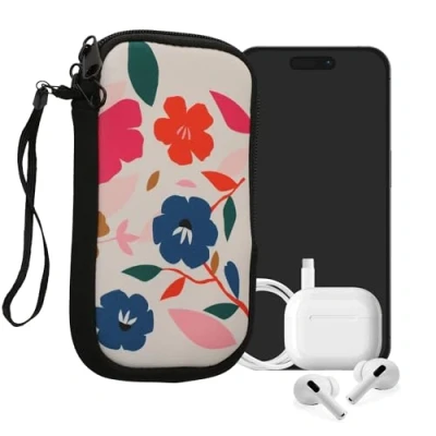 Immagine di kwmobile Custodia in Neoprene con Zip per Smartphone M 5,5&quot; Astuccio portacellulare a Sacchetto Cerniera Borsa Verticale Fiori Colorati Fucsia/Blu Scuro/Crema