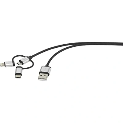 Immagine di Renkforce Cavo USB 2.0 Spina A, C®, Micro B, Connettore Apple Lightning 1.50 m Grigio scuro Calza intrecciata RF3334580