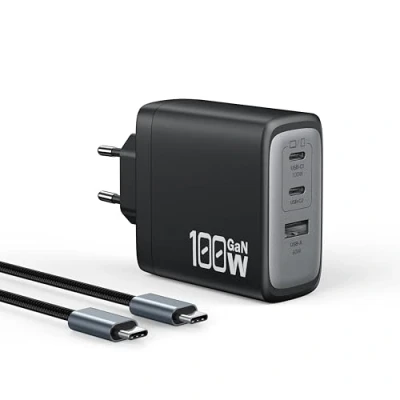 Immagine di OUFUYU 100W Caricatore USB C, Caricabatterie Rapido Muro GaN 3 Porte, Alimentatore per MacBook Pro/Air, iPad, iPhone 16/15/14, Galaxy S24/ S23/ 22, ThinkPad, Dell XPS, Tablet, con 1,8m Cavo, Nero