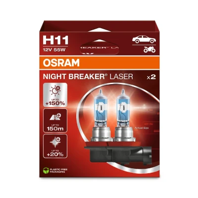 Immagine di OSRAM NIGHT BREAKER LASER H11, +150% di luminosità in più, lampada alogena per fari, 64211NL 2HB, 12V, scatola pieghevole sospesa (2 lampade)