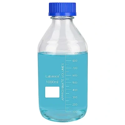 Immagine di Labasics Rotondo Media Stoccaggio Bottiglie con GL45 Blu Vite Tappo, Vetro Cancella Ampio Bocca Laureato Reagente Laboratorio Flacone, 1000 ml
