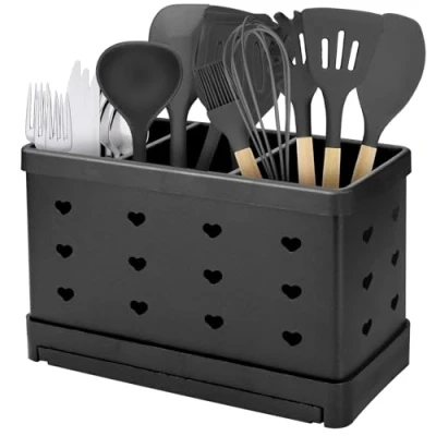 Immagine di SIMDAO Scolaposate, porta utensili in acciaio inossidabile, scolaposate con 3 scomparti, organizer per da cucina, portaposate bancone nero, set di cucina