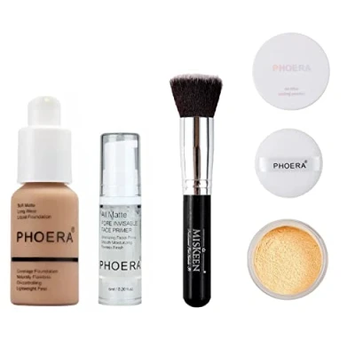 Immagine di Phoera® Fondotinta a copertura completa, Primer, cipria e pennello per trucco Miskeen, correttore morbido opaco controllo dell&#039;olio da 30 ml, crema impeccabile lunga durata (set 105 sabbie)