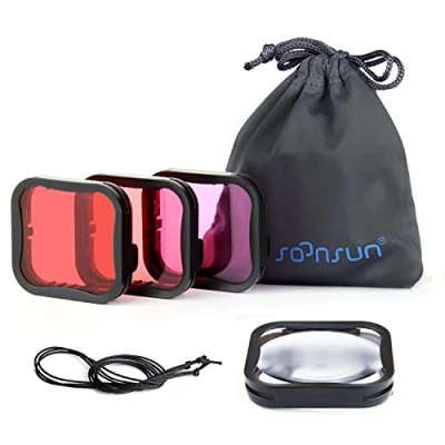 Immagine di SOONSUN Confezione da 4 filtri subacquei per custodia impermeabile ufficiale GoPro Hero 7 6 5 nero,rosso, rosso chiaro, 5x macro close up,correzione colore fotografia subacquea e video