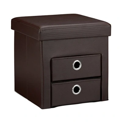Immagine di Relaxdays Pouf Contenitore Pieghevole, Scomparto Interno, 2 Cassetti Rimovibili, Cubo, finta pelle, Marrone, HxLxP: 38 x cm