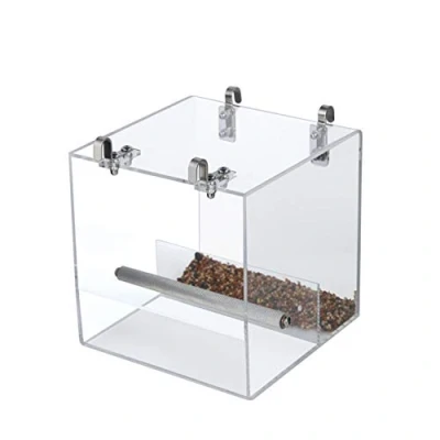 Immagine di GURECOD Gabbia per uccelli, mangiatoia uccelli in acrilico senza perdite, distributore di semi pappagalli, pappagallo, pappagallo canarino e fringuello (16x16x16cm)