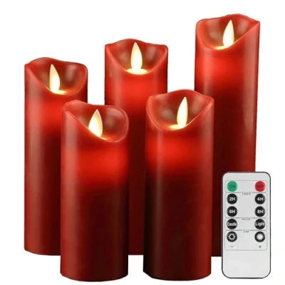 Immagine di YIWERLED Candele Flameless 5.5CM x H 12CM/15CM/17CM/20CM/22CM Set di 5 celle reali non in plastica comprendono le e il telecomando a 10 tasti con 2/4/6/8 ore Funzione timer 200 ore(5x1,Rosso)
