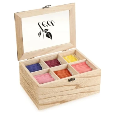 Immagine di com four® Scatola Porta bustine da tè Rustica con 6 Scomparti, Finestra di visualizzazione e Chiusura in Stile Country (Rustico Tea cassetti)