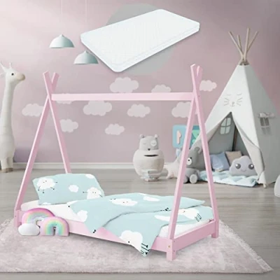 Immagine di ML Design Lettino per Bambini a Forma di Tenda Indiana con Rete Doghe 70 x 140 cm Letto Tipi da Gioco in Legno Pino Massiccio Rosa Stile Montessori Materasso Sfoderabile Schiuma Fredda