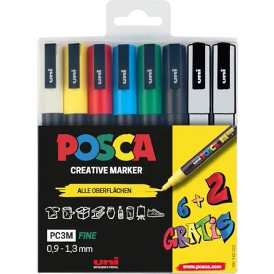 Immagine di Faber Castell uni ball 186825 Set di pennarelli POSCA, confezione da 8 penne acriliche PC 3M, 0,9 1,3 mm, 6 colori standard + 2 speciali alternati