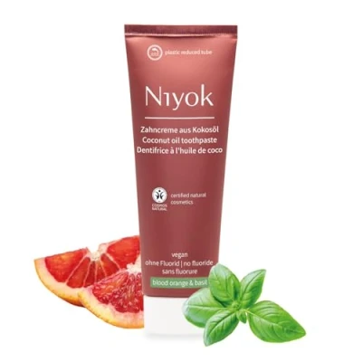 Immagine di Niyok® Dentifricio di olio cocco biologico &quot;Arancio sanguigno e basilico&quot; (75ml) naturale per denti bianchi Cura intensiva freschezza Protegge le gengive Senza fluoro vegano