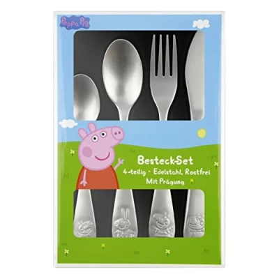 Immagine di Peppa Pig Set di posate per bambini, 4 pezzi, con coltello, forchetta, cucchiaio da zuppa e dessert, goffratura in acciaio inox