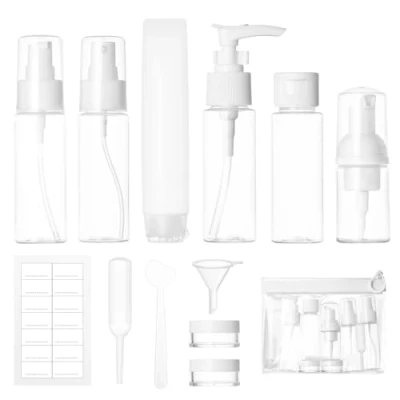 Immagine di Set di 12 bottiglie da viaggio riempire, 30/50 ml, flacone spray trasparente, piccole lattine crema, dispenser schiuma, shampoo, accessori per cosmetici