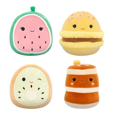 Immagine di Squishmallows Original 5 Inch Food 4 Pack Kachina Kiwi, Rayen Pancakes, Visconti Lemon Macaron, Wanda Anguria