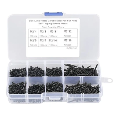 Immagine di 800 Pezzi Set di Viti Autofilettanti, a Testa Croce Piatta Assortimento M2 in Acciaio al Carbonio Nero