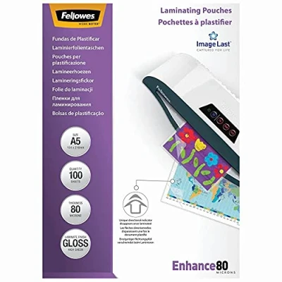 Immagine di Fellowes® Pellicola plastificatrice Enhance A5, lucida, 80 mym, 100 pezzi; contenuto della confezione: pezzi
