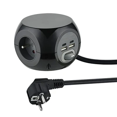 Immagine di Electraline 35441 Mini Cube con 4 porte USB 3.4A (2 tipo A + 2 C), blocco 3 prese interruttore, prolunga multipresa 3M