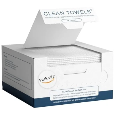 Immagine di Clean Skin Club Towels™, 100% USDA Biobased Dermatologically approved face wipes, clinically tested disposable washcloths, makeup removing ultra soft,50 ct,2 pz.