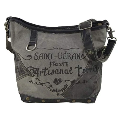 Immagine di Sunsa borsa a tracolla in tela da uomo/donna/uomo crossbody con pelle donna nera grigia Vintage studente unisex, Nero , 34x27x10 cm,