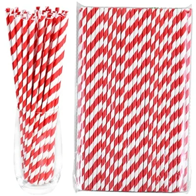 Immagine di Strisce rosse/bianche 26 x 0,6 cm extra lunghe Cannucce di carta usa e getta 100 pezzi per bere artigianato