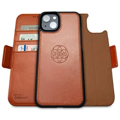 Immagine di dreem Fibonacci compatibile con iPhone 14 custodia a portafoglio/custodia antiurto 2 in 1 e folio pelle vegana staccabile, MagSafe, protezione RFID [Caramello]