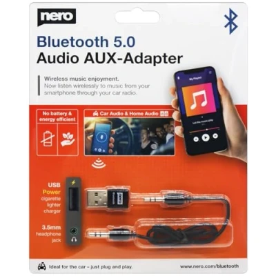 Immagine di Nero originale, piccolo adattatore audio Bluetooth 5.0 (adattatore ad esempio per auto, impianto HiFi ecc.) ricevitore, dongle USB trasmettitore wireless musica jack da 3,5 mm