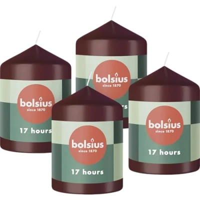Immagine di Bolsius candele a pilastro, colore rosso scuro, confezione da 4, 8 x 6 cm, decorative per la casa, durata di 17 ore, non profumate, include cera vegana naturale, senza olio palma